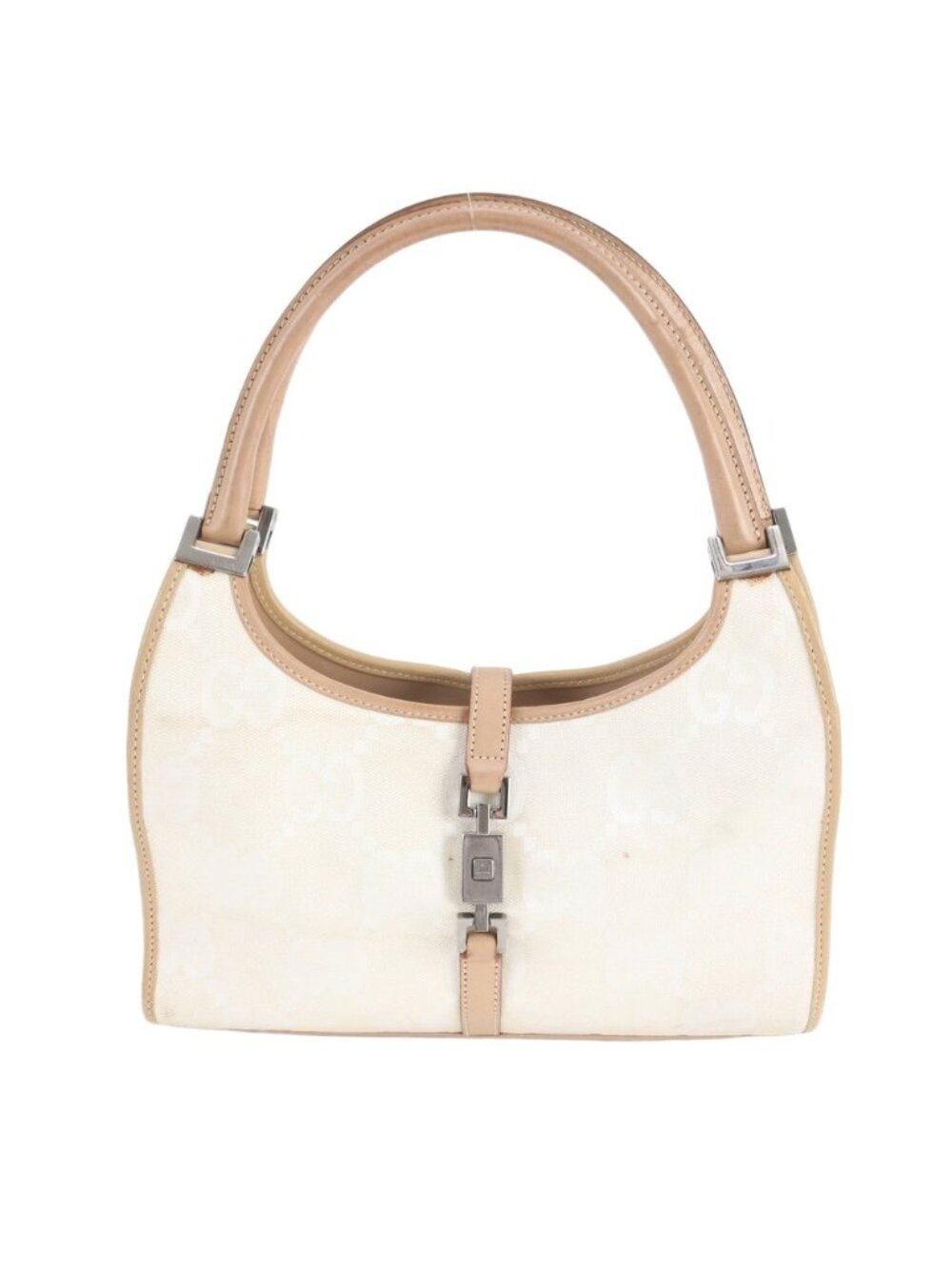 Gucci GG Canvas Jackie 002 Leather Handbag Tote Beige Silver Ree